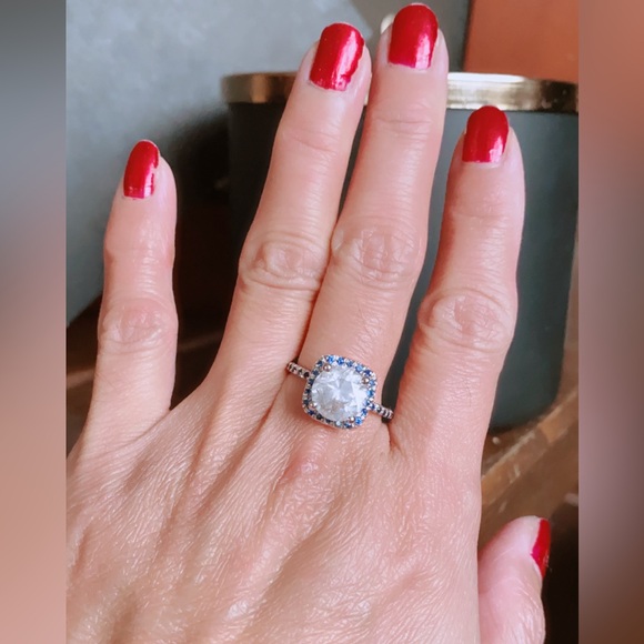 NATURAL ROUND CUT DIAMOND 3.22 TCW & CEYLON SAPPHIRE 14K WHITE GOLD RING - Picture 5 of 16